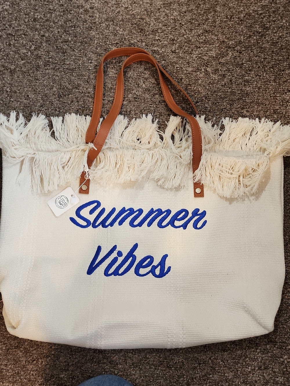 Summer Vibes Canvas Tote Bag - Cream with Blue Script